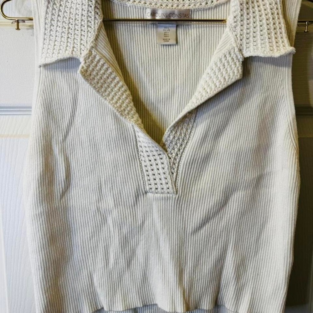 Caroline Constas White Ribbed Top With Crochet Neckline